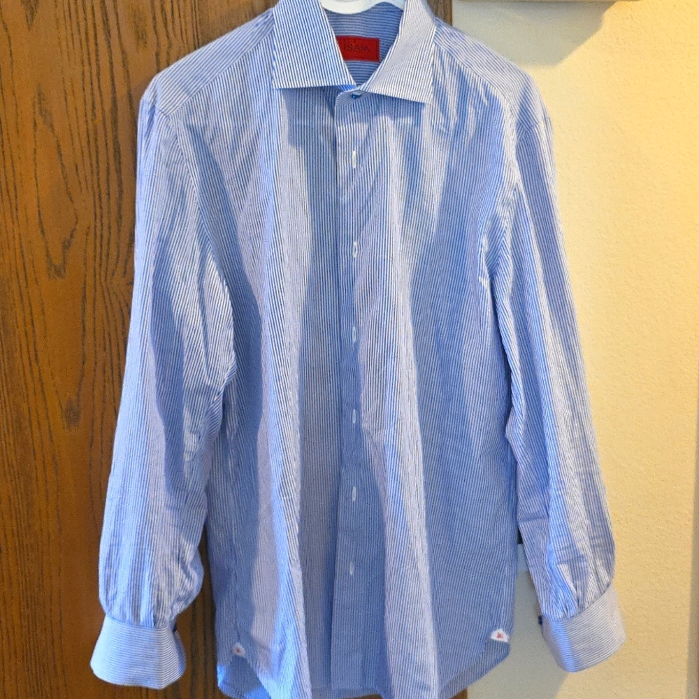 Isaia Blue and White Pinstripe Cotton Button-Down Shirt